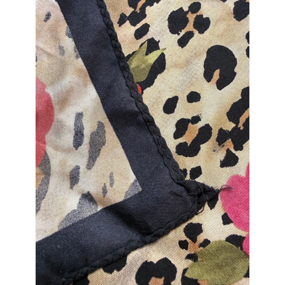 Vintage Oscar by Oscar de la Renta 100% Silk Scarf Leopard Floral Pink Roses - Picture 7 of 9